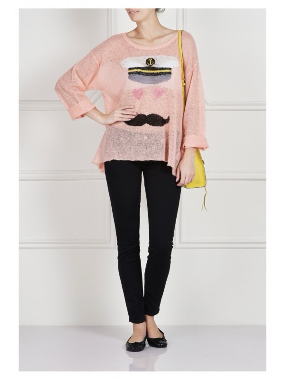 Wildfox Peach Knit Captain Face Sweater with Pink Hearts